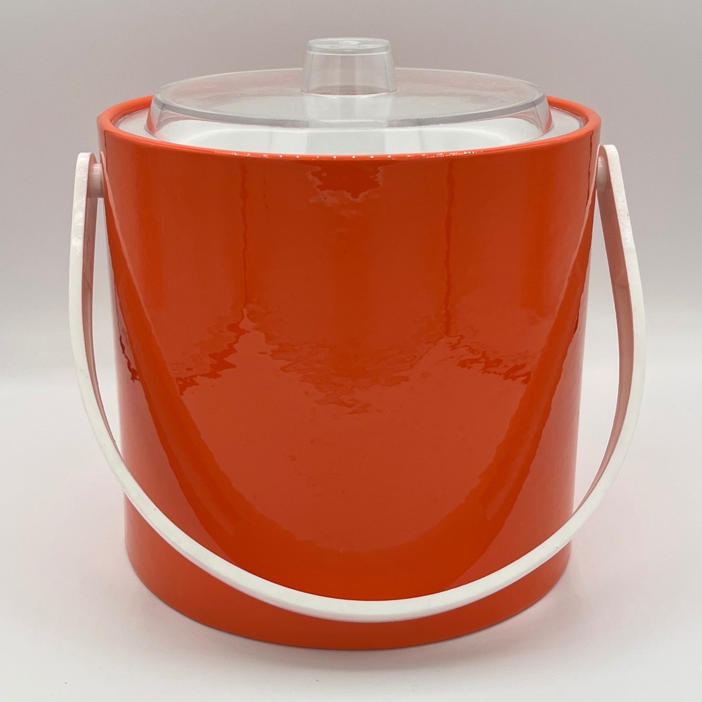 Vintage 1970s Kraftware Spice Orange Vinyl Ice Bucket – Lucite Lid & Handle - Picture 5 of 5